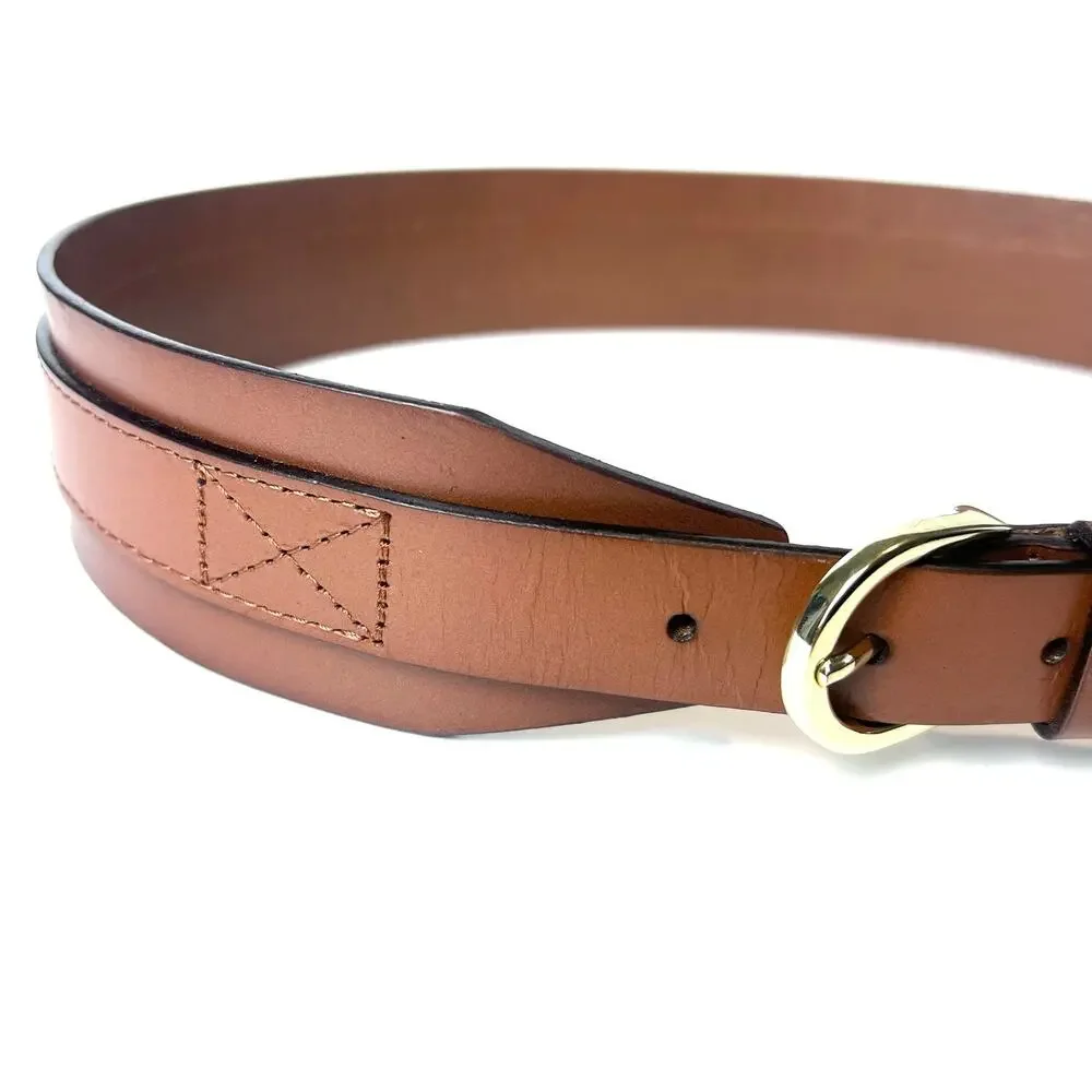 J. Crew Brown Leather Wide Waist Belt Gold Tone Buckle Size M/L